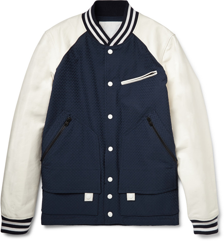 blue and white bomber jacket