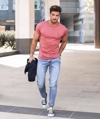 pink t shirt and jeans