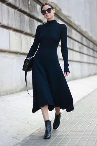 Черное трикотажное платье с длинным рукавом с чем носить
