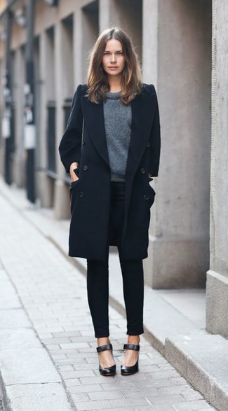 Черное двубортное пальто женское с чем носить