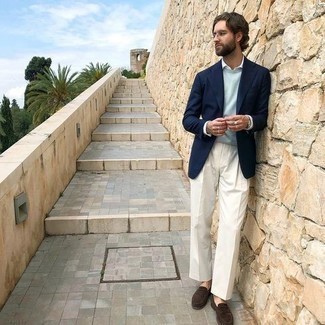 С чем носить бирюзовый свитер с круглым вырезом мужчине