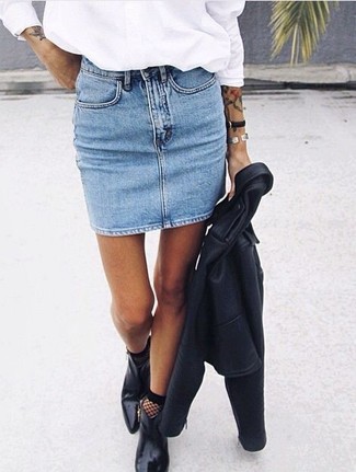 С чем носить бирюзовую мини-юбку
