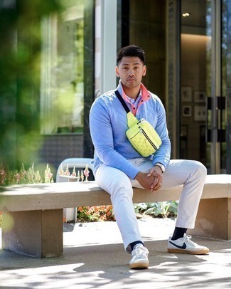 С чем носить бирюзовый свитер с воротником на пуговицах