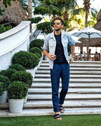 С чем носить бирюзовую куртку-рубашку мужчине