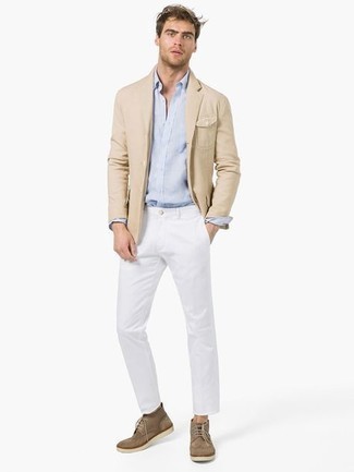 Как носить бежевый пиджак с белыми брюками чинос