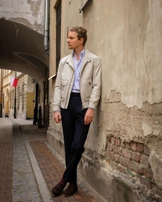 Какие лоферы носить с бежевым бомбером мужчине