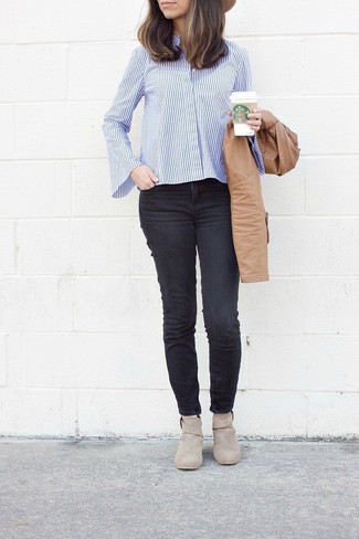 Какие джинсы скинни носить с бежевым бомбером