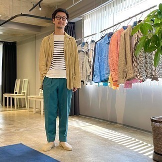 С чем носить бежевые эспадрильи из плотной ткани мужчине