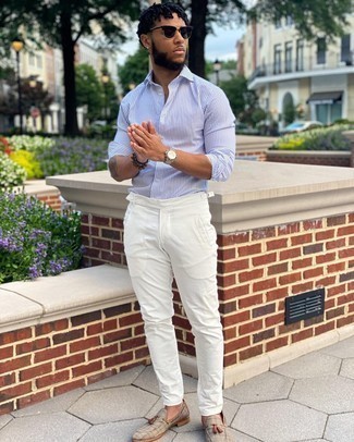 С чем носить бежевые лоферы из плотной ткани мужчине