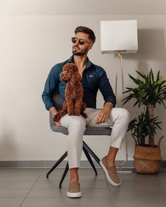 С чем носить бежевые слипоны из плотной ткани мужчине