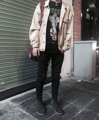 Какие джинсы носить с бежевой джинсовой курткой мужчине