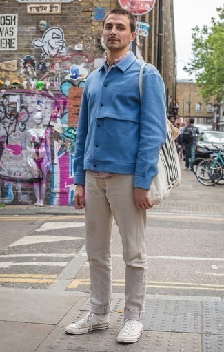 Какие куртки-рубашки носить с бежевыми джинсами мужчине