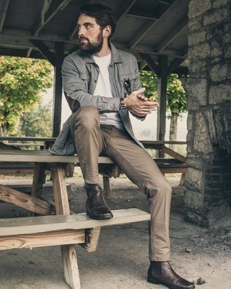 Какие куртки-рубашки носить с бежевыми джинсами мужчине