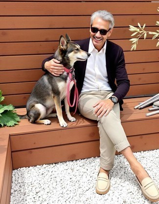 С чем носить бежевые кожаные лоферы мужчине