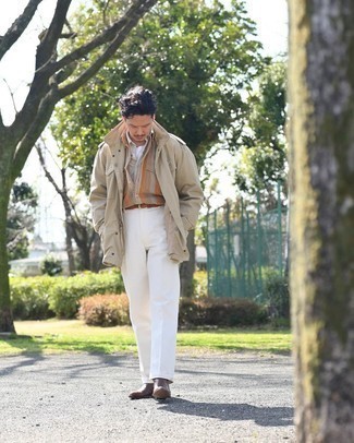С чем носить бежевую рубашку с длинным рукавом мужчине