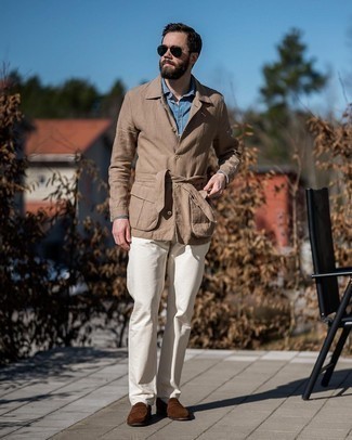 Какие лоферы носить с бежевой курткой-рубашкой мужчине