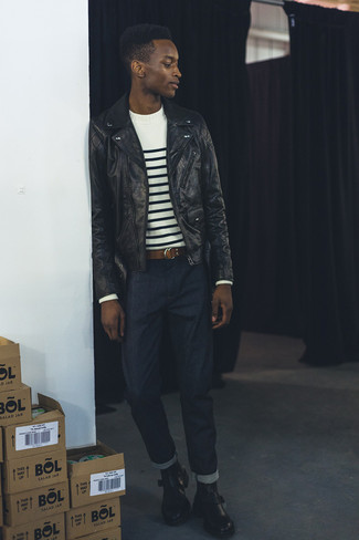 Как носить косуху с свитером с круглым вырезом мужчине