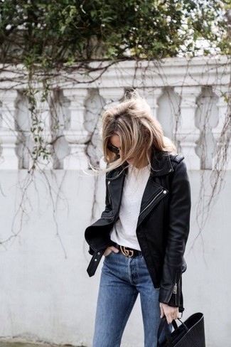 Как носить косуху с джинсами женщине