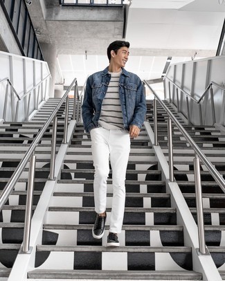 С чем носить черно-серебряные кожаные низкие кеды мужчине