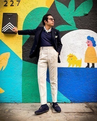 Какие лоферы носить с черно-белым пиджаком мужчине