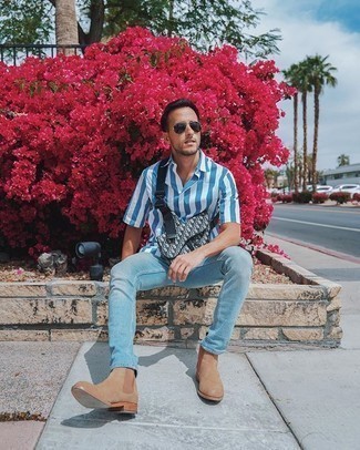 С чем носить черно-белую поясную сумку из плотной ткани мужчине