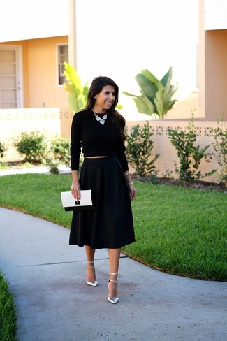 С чем носить черно-белую пышную юбку