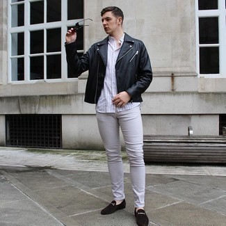 С чем носить черно-белую кожаную косуху мужчине