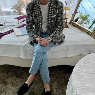 С чем носить черно-белый пиджак в шотландскую клетку мужчине