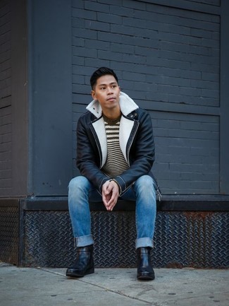 С чем носить черно-белую короткую дубленку мужчине