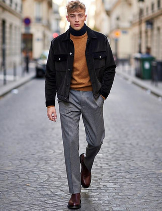 Какие водолазки носить с черно-белой курткой-рубашкой мужчине