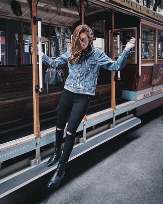 Какие джинсовые куртки носить с черными ботильонами