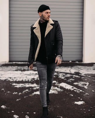 Какие ботинки челси носить с черной косухой мужчине