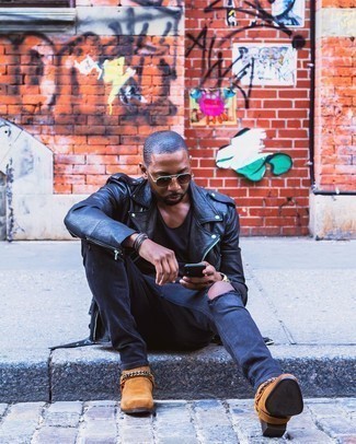 Какие ботинки челси носить с черной косухой мужчине