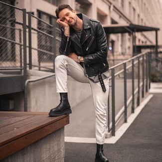 Какие ботинки челси носить с черной косухой мужчине