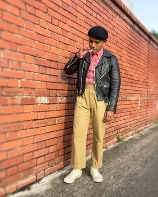 Какие брюки чинос носить с черной косухой