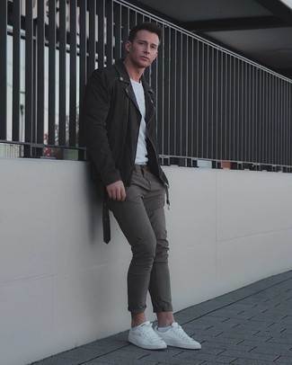 Какие брюки чинос носить с черной косухой