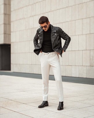 Какие брюки чинос носить с черной косухой