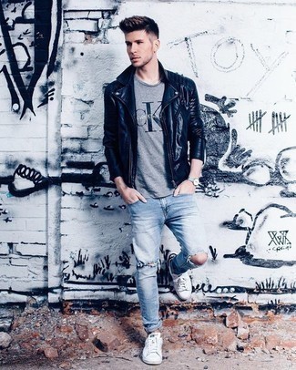 Какие футболки с круглым вырезом носить с черной косухой мужчине