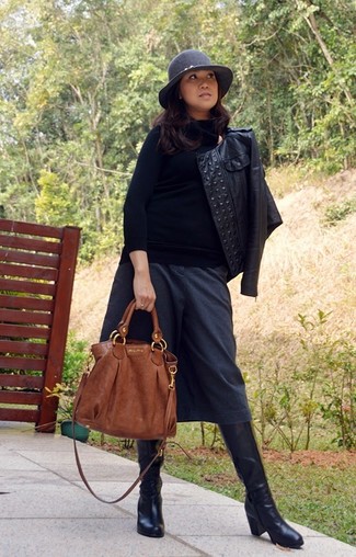 Какие брюки-кюлоты носить с черной косухой