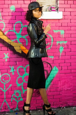 Какие юбки-миди носить с черной косухой