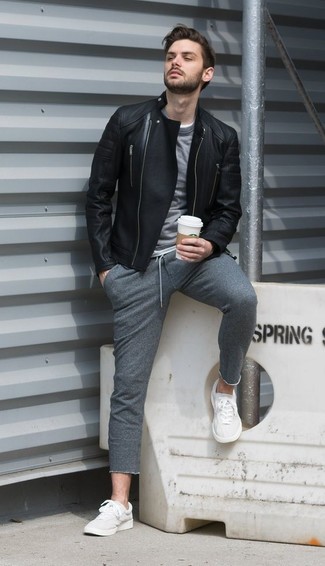 Какие спортивные штаны носить с черной косухой мужчине