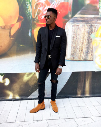 Как носить черный пиджак с черными рваными джинсами мужчине