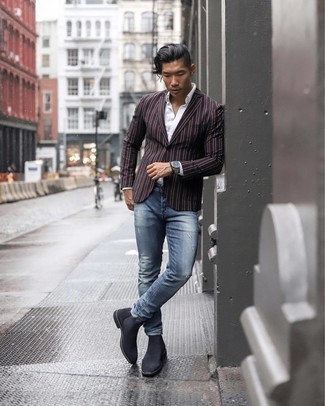 Как носить черный пиджак с синими рваными джинсами мужчине