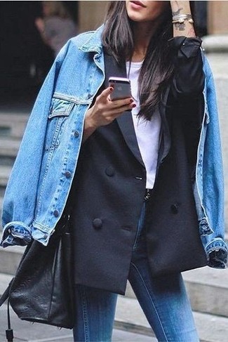 Как носить черный пиджак с синими джинсами скинни