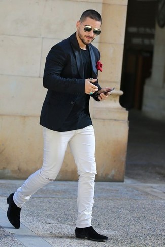 Какие ботинки челси носить с черным пиджаком мужчине