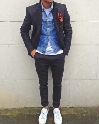 Какие джинсовые куртки носить с черным пиджаком мужчине