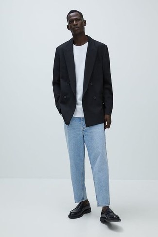 Как носить черный пиджак с голубыми джинсами мужчине