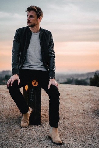 Как носить черный бомбер с черными брюками чинос