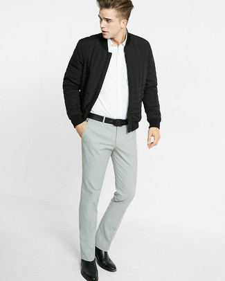 Какие классические брюки носить с черным бомбером мужчине