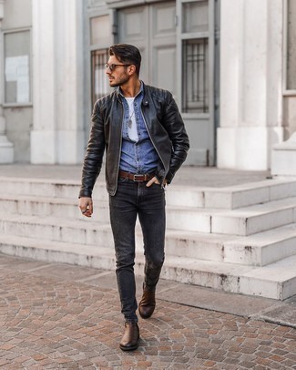 Как носить черный бомбер с серыми джинсами мужчине